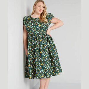 MODCLOTH x COLLECTIF Bustling Blooms Green Demira Floral Swing Dress US10 UK14